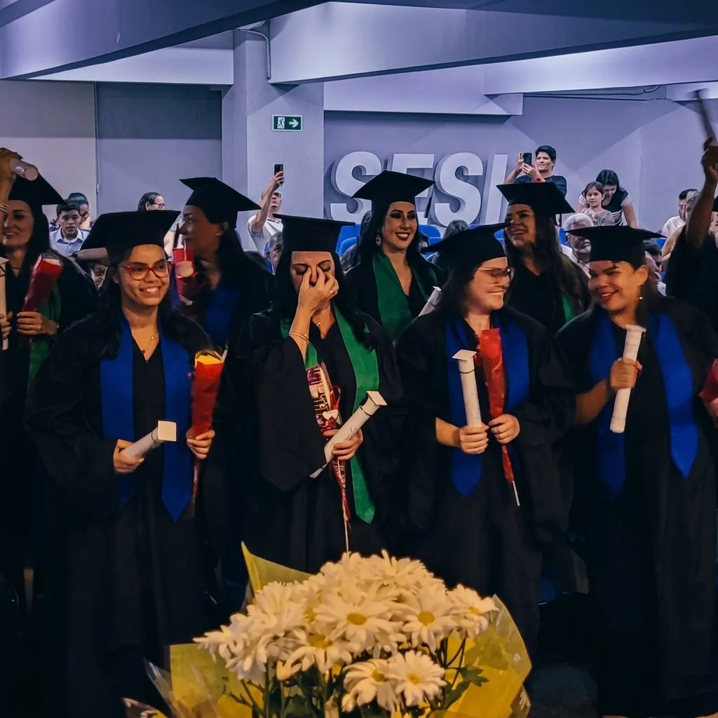 Turma comemorando a conquista com diplomas erguidos